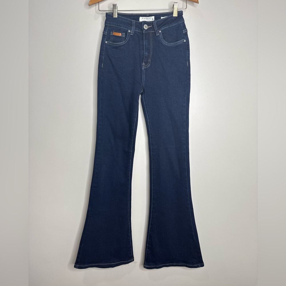 Carven Dark Indigo Wash Flare High Rise Contrast StitcDenim Jeans Stretch Size 4